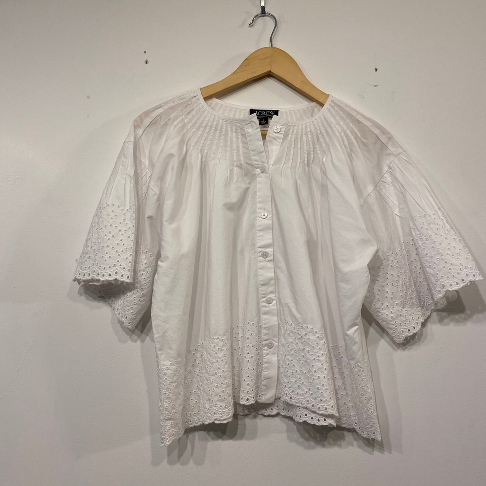 J.Crew Jolie Top White Cotton Eyelet Pintuck Peasant Cottagecore Blouse Small